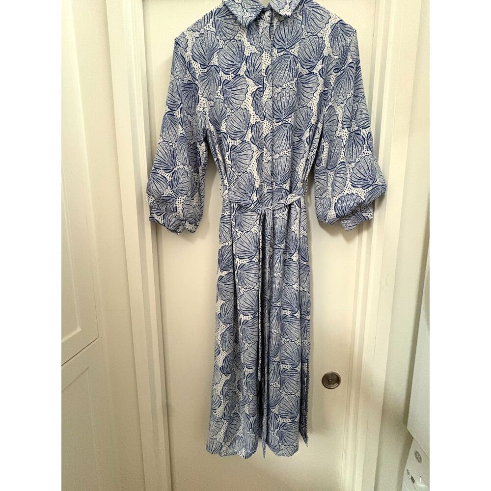 Avara Helen Coastal Shell Print Midi Shirt Dress Blue White Puff Sleeve Size XS